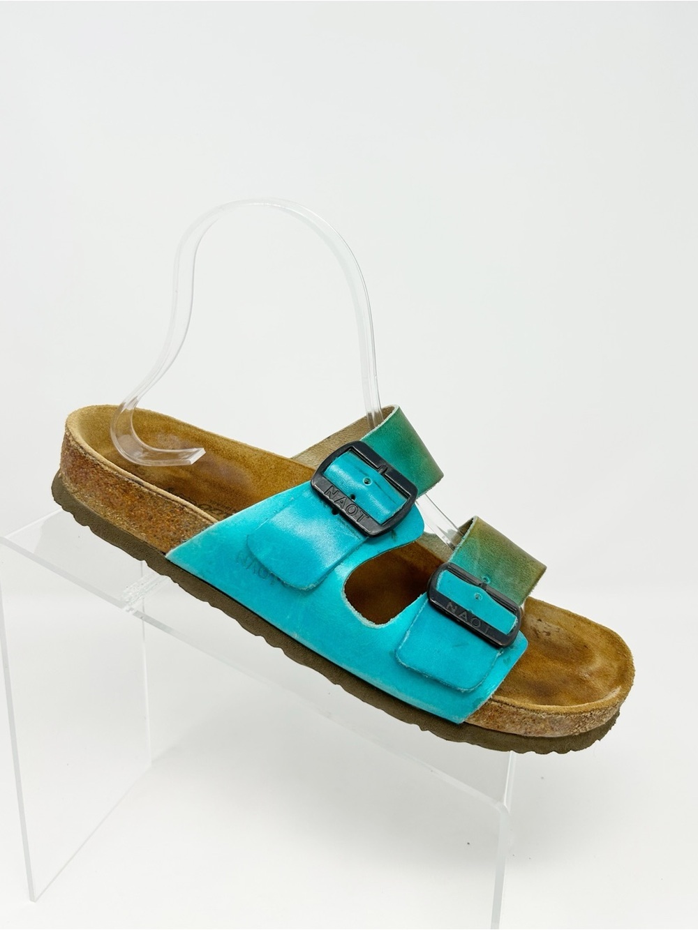 NAOT Slide Sandals Teal Blue Two Strap Cork Footbed Buckle Comfort Size 39
